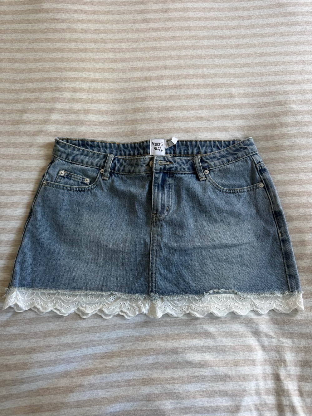 Princess Polly Light Blue Denim Mini Skirt with White Lace Trim